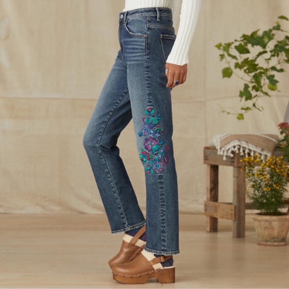 Driftwood Stella Flashflower Embroidered Straight Leg Jeans Size 28 Floral